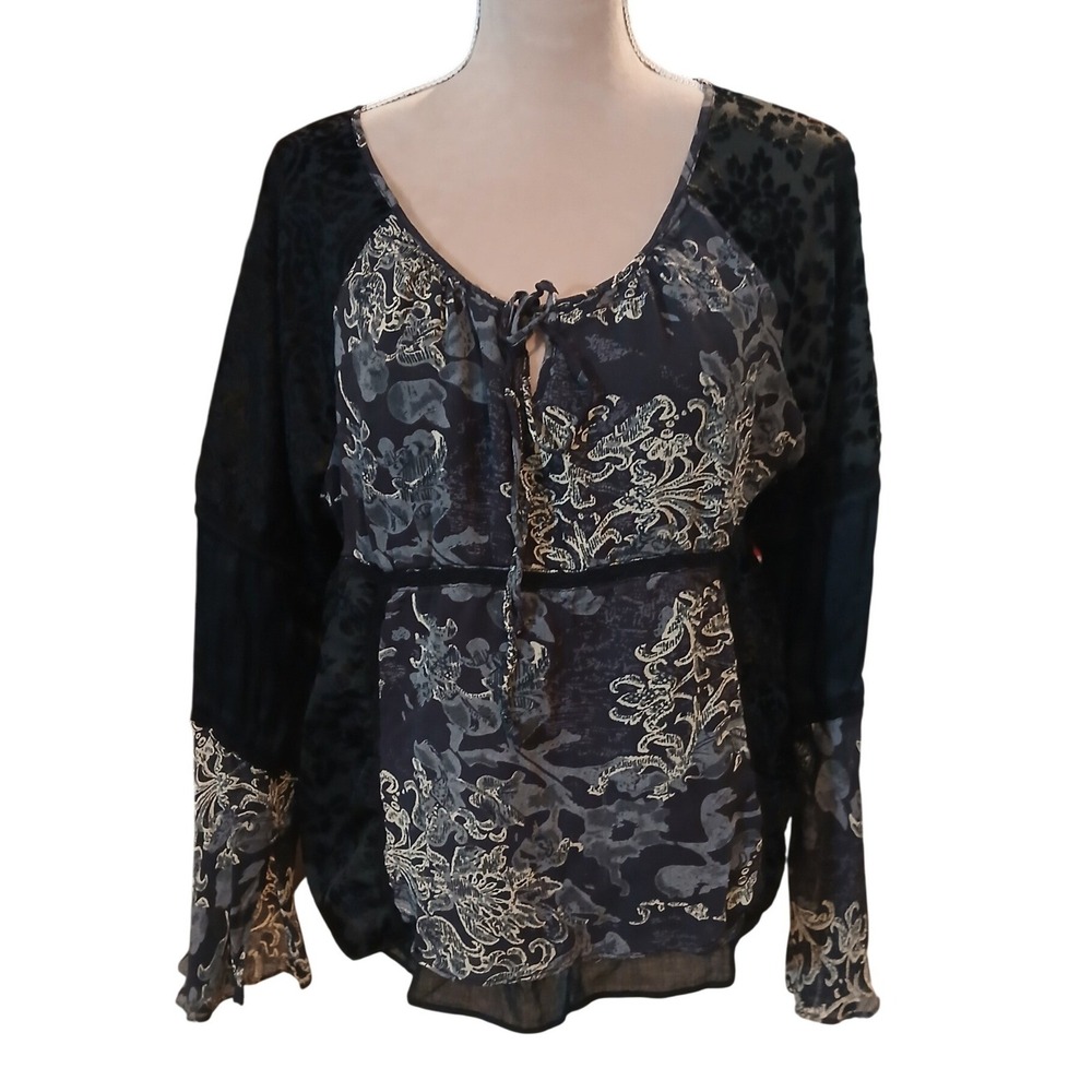 Vtg Y2k XL Burnout Velvet Paisley Peasant Blouse Black Long Sleeve Top Patchwork